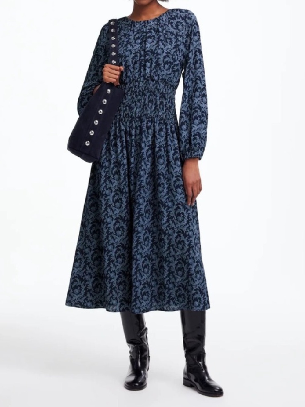 NWT Women’s Madewell Bubble-Sleeve Smocked Blue Floral Midi Dress Size M
